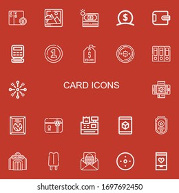 Editable 22 iconos de tarjetas para web y móvil. El juego de tarjetas incluye iconos tarjetas de línea, imagen, dinero, cartera, caja registradora, moneda, etiqueta de precio, dólar, archivos, fuegos artificiales sobre fondo rojo