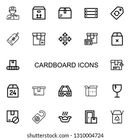 Editable 22 cardboard icons for web and mobile. Set of cardboard included icons line Delivery man, Box, Package, Label, Price tag, Move, Conveyor, d glasses on white background