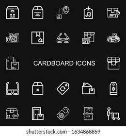 Editable 22 cardboard icons for web and mobile. Set of cardboard included icons line Box, Package, Label, d glasses, Conveyor, Price tag, Cardboard, Door hanger on black background