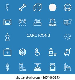 Bearbeitbare 22 Pflegesymbole für Web und Mobile. Pflege inbegriffen Symbole der Linie Blut, Knochen, d, Recycling, Medizin, Make-up Remover, Wasser sparen, Bad, Psychologe auf blauem Hintergrund
