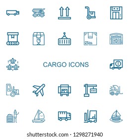 Editable 22 cargo icons for web and mobile. Set of cargo included icons line Cargo truck, Side up, Lift, Conveyor, Package, Crane, Box, Hangar, Aircraft on white background