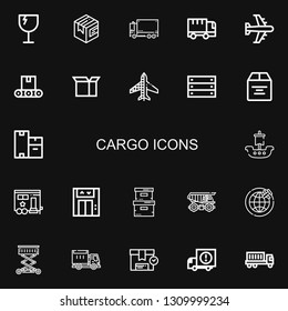 Editable 22 cargo icons for web and mobile. Set of cargo included icons line Fragile, Package, Truck, Airplane, Conveyor, Planes, Box, Boxes, Ship, Trailer on black background