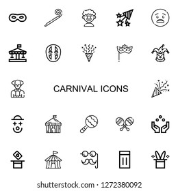 Editable 22 carnival icons for web and mobile. Set of carnival included icons line Mask, Party blower, Clown, Confetti, Surprised, Carousel, Eye mask, Circus on white background