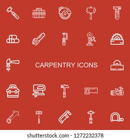 Editable 22 carpentry icons for web and mobile. Set of carpentry included icons line Hammer, Toolbox, Circular saw, Screw, Wood, Saw, Fretsaw, Hacksaw on red background