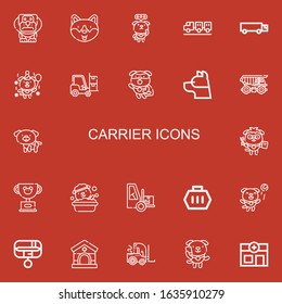 Editable 22 carrier icons for web and mobile. Set of carrier included icons line Dog, Carrier, Cargo truck, Forklift, Pet, Collar, Veterinary on red background