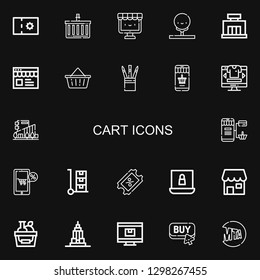 Editable 22 cart icons for web and mobile. Set of cart included icons line Coupon, Shopping basket, Ecommerce, Golf, Mall, Online shop, Basket, Set, Online shopping on black background