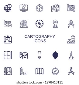 Editable 22 cartography icons for web and mobile. Set of cartography included icons line Global, Map, Compass, Maps, Border, Marker on white background