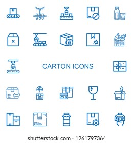 Editable 22 carton icons for web and mobile. Set of carton included icons line Conveyor, Package, Milk, Box, Cardboard, Fragile, Boxes, Handle on white background