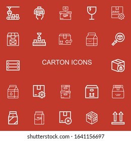Editable 22 carton icons for web and mobile. Set of carton included icons line Conveyor, Handle, Box, Fragile, Package, Cardboard, Milk, Storage box, Side up on red background
