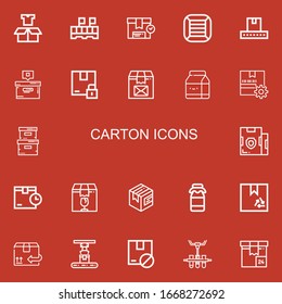 Editable 22 carton icons for web and mobile. Set of carton included icons line Package, Box, Boxes, Conveyor, Milk, Storage box, Parcel, Cardboard on red background