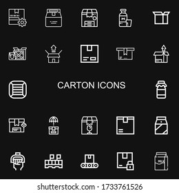 Editable 22 iconos de cartón para web y móvil. El conjunto de cartón incluye la línea de iconos Empaquetado, Leche, Cartón, Cajas, Caja, Manejo, Transmisor sobre fondo negro