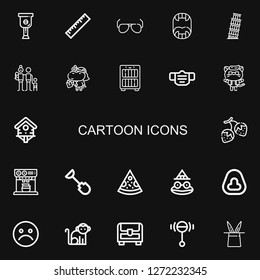 Editable 22 cartoon icons for web and mobile. Set of cartoon included icons line Leg, Ruler, Sunglasses, Fangs, Pisa, Family, Unicorn, Bookcase, Mask, Kitty on black background