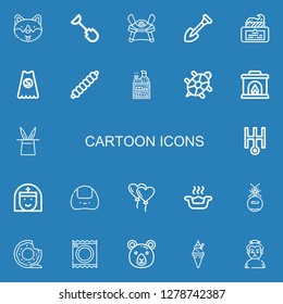 Editable 22 cartoon icons for web and mobile. Set of cartoon included icons line Dog, Shovel, Samurai, Cream, Superhero, Caterpillar, Clerk, Tortoise, Fireplace on blue background