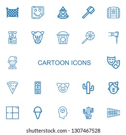 Editable 22 cartoon icons for web and mobile. Set of cartoon included icons line Fishing net, Sticker, Toad, Shovel, Chest, Claw machine, Rhino, Popcorn, Lollipop on white background