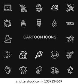 Editable 22 cartoon icons for web and mobile. Set of cartoon included icons line Chalkboard, Family, Unicorn, Seaweed, Guiro, Cactus, Ice cream, Skull, Glasses on black background