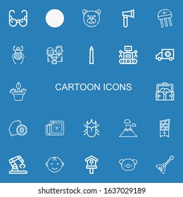Editable 22 cartoon icons for web and mobile. Set of cartoon included icons line Glasses, Shovel, Bear, Axe, Jellyfish, Beetle, Family, National mall, Robot on blue background