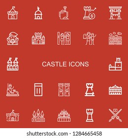 Editable 22 castle icons for web and mobile. Set of castle included icons line Castle, Tower, Sand bucket, Rook, Torii, Dracula, Amusement park, Haunted house on red background
