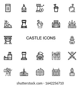 Editable 22 castle icons for web and mobile. Set of castle included icons line Inflatable, Tower, Rook, Sand bucket, Bumper car, Castle, Torii, Japanese on white background