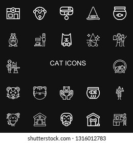 Editable 22 cat icons for web and mobile. Set of cat included icons line Veterinary, Hedgehog, Collar, Witch, Fish bowl, Hamster, Veterinarian, Cat, Haunted house on black background