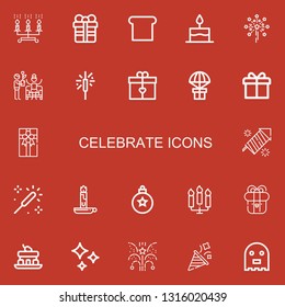 Editable 22 celebrate icons for web and mobile. Set of celebrate included icons line Candles, Gift, Toast, Cake, Fireworks, Party, Sparkler, Gift box, Sparkle on red background
