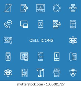 Editable 22 Cell Icons For Web And Mobile. Set Of Cell Included Icons Line No Phone, Smartphone, Prisoner, Platelet, Phone Call, Responsive, Proteins, Mms, Atom On Blue Background