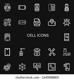 Editable 22 cell icons for web and mobile. Set of cell included icons line Smartphone, Graphic tablet, Phone, Telephone, Prisioner, Contact, Text, Virus, Mobile on black background