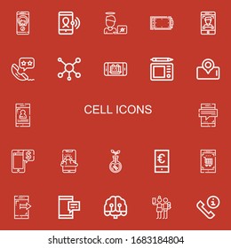 Iconos editables de 22 celdas para web y móvil. Conjunto de teléfonos incluidos iconos línea Call, Smartphone, Virus, Tablet gráfico, Llamada telefónica, Molécula, Teléfono, Transgenics en fondo rojo