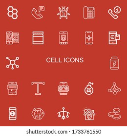 Editierbare 22 Zell-Icons für Web und Mobile. Set mit Zellen Icons Linie Honeycomb, Telefon, Virus, Telefon, Telefon, Anruf, Responsive, Honey, Mobile, Smartphone auf rotem Hintergrund