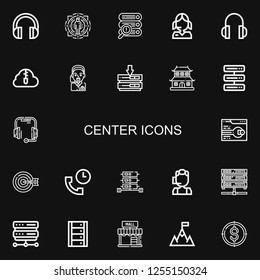 Editable 22 center icons for web and mobile. Set of center included icons line Headphones, Target, Server, Call center, Zip cloud, Operator, Dojo, Headset on black background