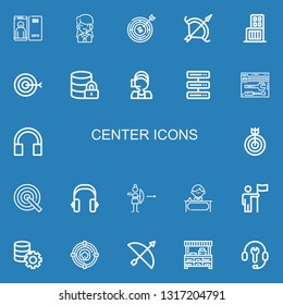 Editable 22 center icons for web and mobile. Set of center included icons line Focus, Call center, Target, Archery, Shopping Hosting, Server, Support on blue background