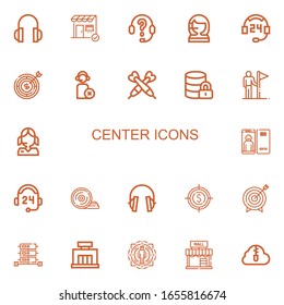 Editable 22 iconos de centro para web y móvil. Conjunto de centros incluidos iconos línea Auriculares, Tienda, centro de llamadas, Soporte, Destino, Operador, Dardos, Hosting, Objetivos en fondo blanco