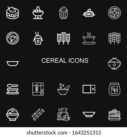 Editable 22 iconos de cereales para web y móvil. Conjunto de cereal incluido íconos línea Pancake, Bowl, arroz, huevos de soja, desayuno, trigo, sopa, cereales, cromo, bolsa de semillas sobre fondo negro