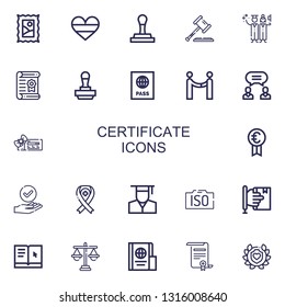 Editable 22 certificate icons for web and mobile. Set of certificate included icons line Stamp, Germany, Law, Graduation, Certificate, Passport, Agreement on white background