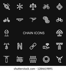 Editable 22 chain icons for web and mobile. Set of chain included icons line Broken link, Positive ion, Balance, Bicycle, Pendant, Saddle, Chains, Necklace on black background