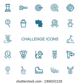 Editable 22 challenge icons for web and mobile. Set of challenge included icons line Chess, Competition, Target, Dodge, Bucket, Puzzle, Medal, Achievement on white background
