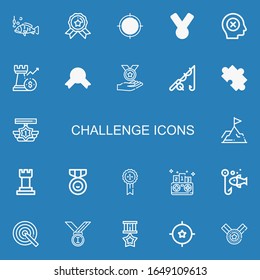 Editable 22 challenge icons for web and mobile. Set of challenge line icons including:  Fishing, Medal, Target, Failure, Rook, Puzzle, Achievement, Chess, Competition on blue background