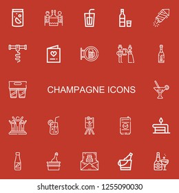 Editable 22 champagne icons for web and mobile. Set of champagne included icons line Soda, Romantic dinner, Vodka, Petard, Corkscrew, Invitation, Bar, Wedding on red background