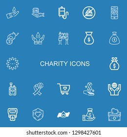 Editable 22 charity icons for web and mobile. Set of charity included icons line Blood donation, Food donation, Blood transfusion, Ngo, Charity, Donate, Hope on blue background