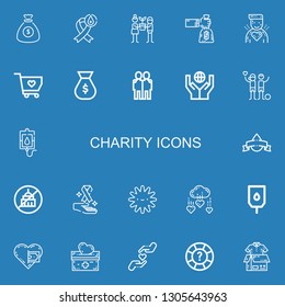 Editable 22 charity icons for web and mobile. Set of charity included icons line Money bag, Blood donation, Hope, Donor, Solidarity, Hugging, Donation, Charity on blue background