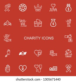 Editable 22 charity icons for web and mobile. Set of charity included icons line Blood donation, Help, Donors, Money bag, Charity, Donation, Food donation, Clothes on red background
