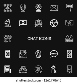 Editable 22 chat icons for web and mobile. Set of chat included icons line Network, Call center, Webcam, Email, Question, Chat, Recommendation, Contact, Communication on black background