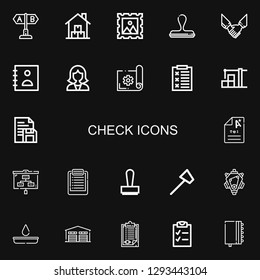 Editable 22 check icons for web and mobile. Set of check included icons line Test, Warehouse, Stamp, Agreement, Agenda, Reception, Planning, Report, Document on black background