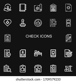 Editable 22 check icons for web and mobile. Set of check included icons line Spell, Appointment book, Planning, Warehouse, New file, Red cross, Stamp, Evaluate on black background