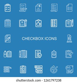 Editable 22 checkbox icons for web and mobile. Set of checkbox included icons line Checklist, List, Exam, Test, Clipboard, Clipboards, Check list, Tasks, Check on blue background