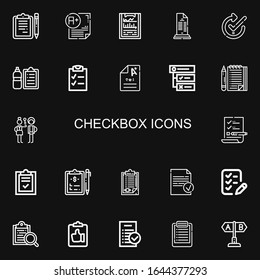 Editable 22 checkbox icons for web and mobile. Set of checkbox included icons line Clipboards, Exam, Clipboard, List, Check, Check list, Checklist, Tasks, Check in on black background