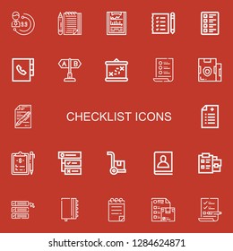 Editable 22 checklist icons for web and mobile. Set of checklist included icons line Evaluation, List, Clipboard, Shopping list, Test, Agenda, Boarding, Parcel on red background