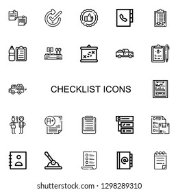 Editable 22 checklist icons for web and mobile. Set of checklist included icons line Notepad, Check, Evaluate, Agenda, Clipboard, Check list, Control, Boarding on white background