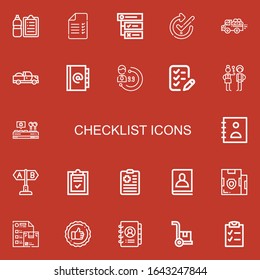 22 iconos de lista de comprobación editables para web y móvil. Conjunto de lista de comprobación incluidos iconos línea Comprobar lista, Prueba, Tareas, Comprobar, Recogida, Agenda, Evaluación, Lista, Proteger en fondo rojo