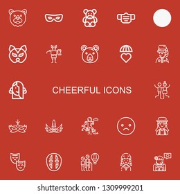 Editable 22 cheerful icons for web and mobile. Set of cheerful included icons line Bear, Mask, Teddy bear, Swing, Troll, Emotions, Park ranger, Girl, Joy, Jumping on red background