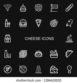 Editable 22 cheese icons for web and mobile. Set of cheese included icons line Pizza, Burger, Sandwich, Holland, Baguette, Wine, Hamburger, Pizza slice, Food on black background